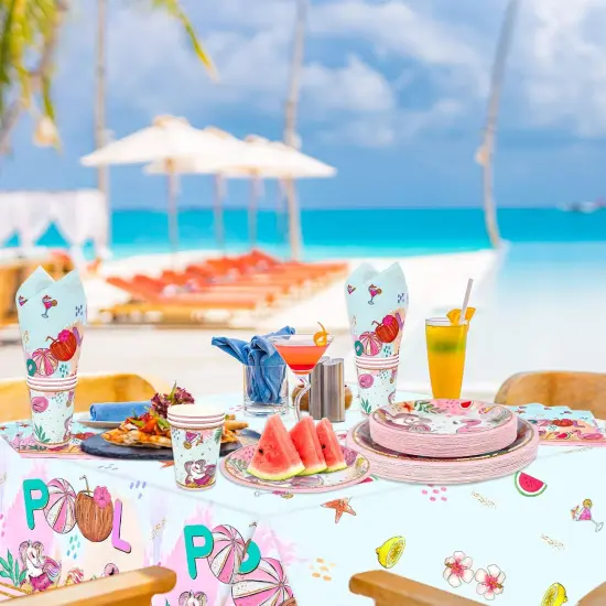 Summer Pool Party Decorations- 121PCS Pink Pool Plates and Napkins Set Beach Party Cups Tablecloths Flamingos Unicorns {4}