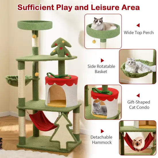 Green and Red Christmas Cat Tree with Condo, Scratcher and Hammock {6}