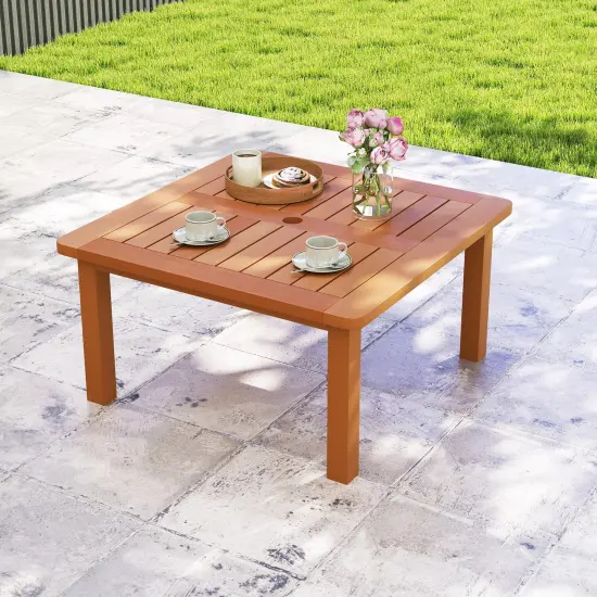 Natural Wood Patio Coffee Table with Umbrella Hole and Teak Oil Finish {2}