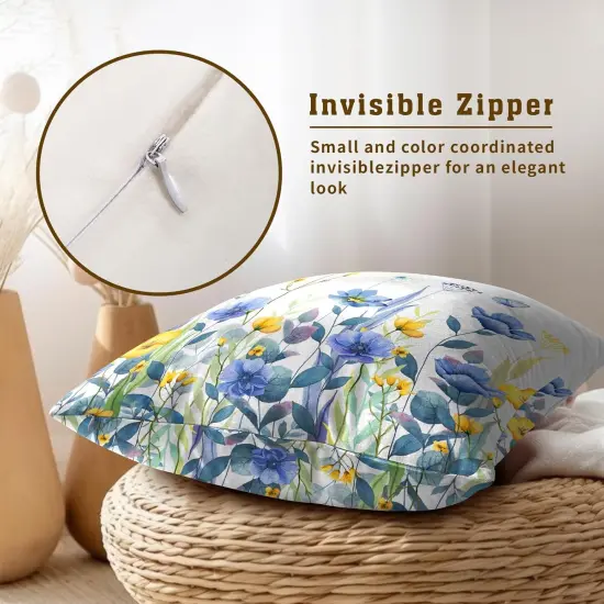 Blue Yellow Flowers Pillow Covers 18x18 Inch Set of 2, Poppy Floral Square Cushion Covers Spring Summer Seasonal Decor Pillowcase for Living Room Sofa Bedroom {2}