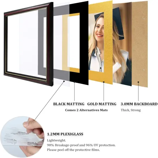 Diploma Frames 8.5 x 11 with Mat Set of 2 Solid Wood Degree frame Covered by Plexiglass, Certificate Frame 11x14 Without Mat, Picture Frame for Wall and Tabletop, Cherry Red with Gold Edge {4}