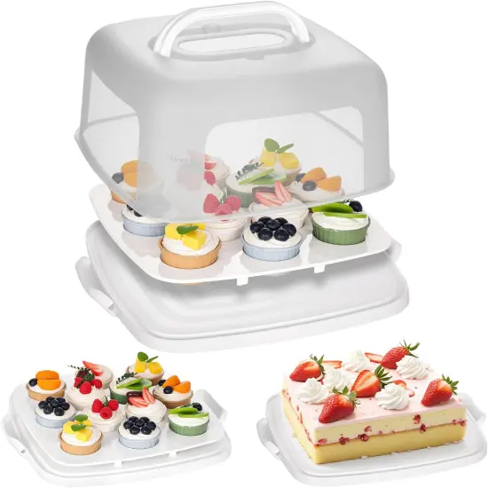 Cake Carrier with Lid, White Square Cake Holder Cupcake Container for 12 Cupcakes 2 in 1 Portable Dessert Container for Cake Pie Muffin Cobbler {1}