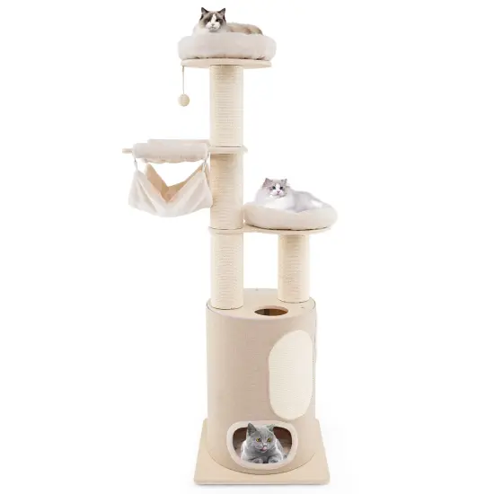 74 Inches Tall Wooden Cat Tower Tree with 4 Scratching Posts and 4 Cat Holes {3}