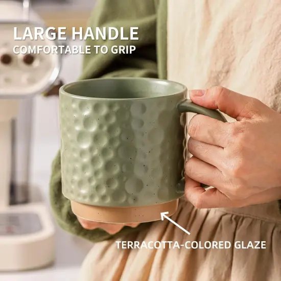 Ceramic Coffee Mug Set of 4, 16OZ Stackable Coffee Mug Set with Stainless Stand,Large Cup Set for Cappuccino,Tea,Hot/Cold Drinks,Dishwasher & Microwave Safe,Matte Green {4}