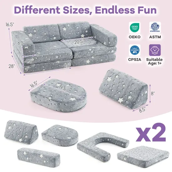 10 Pieces Modular Kids Glow-in-The Dark Sectional Play Couch Sofa Perfect for Kids Room Gray {2}