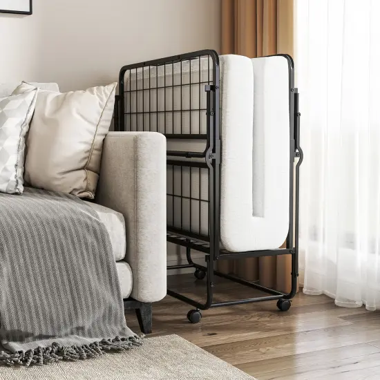 White Memory Foam Mattress Folding Bed with Black Metal Frame and Casters {3}