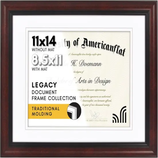 11x14 Diploma Frame - Use as 8.5x11 Certificate Frame or 11x14 Picture Frame Without Mat - Legacy Collection - Black and Mahogany Ornate Frame with Shatter-Resistant Glass, White Mat {1}