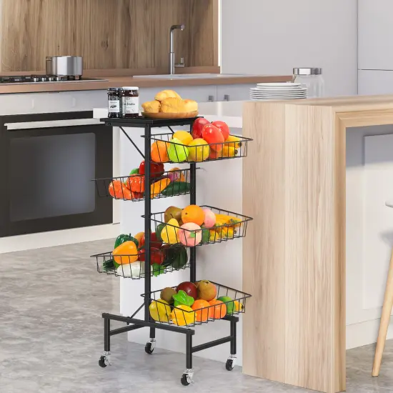 6-Tier Rolling Kitchen Cart with Wooden Top &ndash; Large Metal Fruit & Vegetable Basket Organizer, Rustproof Storage Cart with Wheels for Home, Office, Laundry Room {5}