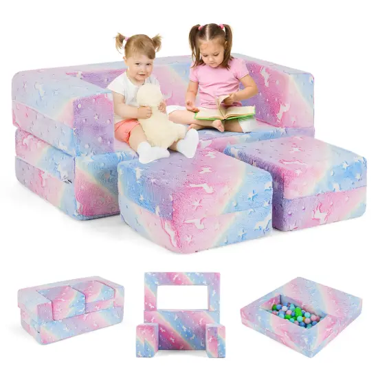 2 Seater Kids Play Couch with Removable and Machine Washable Flannel Cover-Color Multicolor {4}