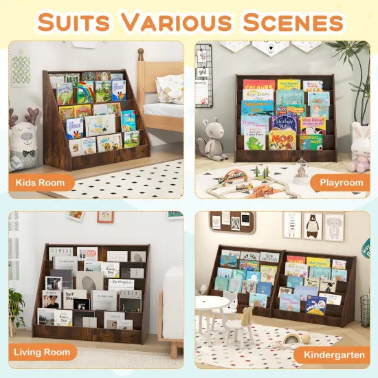 5-Tier Wooden Kids Multi-Purpose Bookshelf with Deep Compartments Suitable for Any Room Rustic Brown {5}