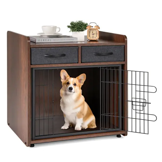 Brown Dog Crate Cage End Table with 2 Fabric Drawers Ideal for Small or Medium Pets {4}