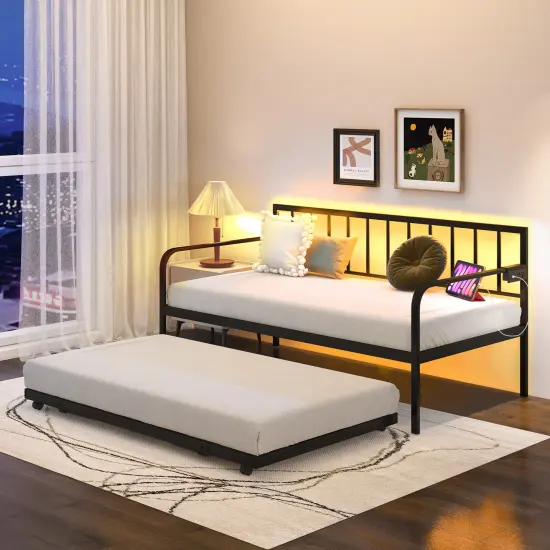 Black Metal Daybed with Pop-up Trundle, LED Lighting, Charging Station and USB Ports {3}
