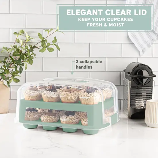 Cupcake Carrier 24 Count - Sturdy Cupcake Holder with Lid & 2 Handles, Stylish Two-Tier Cupcake Carrier/Stand, Spacious 3.5&rdquo; Top & Bottom Tray {3}