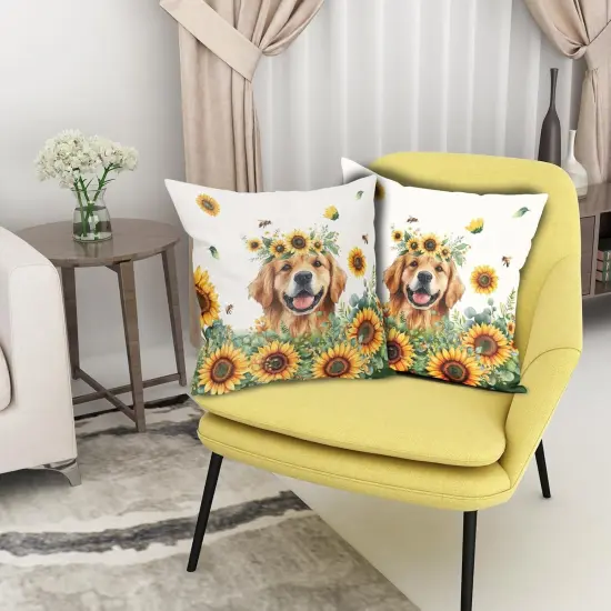Sunshine Dog Pillow Covers 18x18in Set of 2 Yellow Sunflower Golden Retriever Puppy Throw Pillowcases Summer Bees Floral Cotton Linen Sofa Couch Patio Bedroom Cuchion Cover Decor {5}