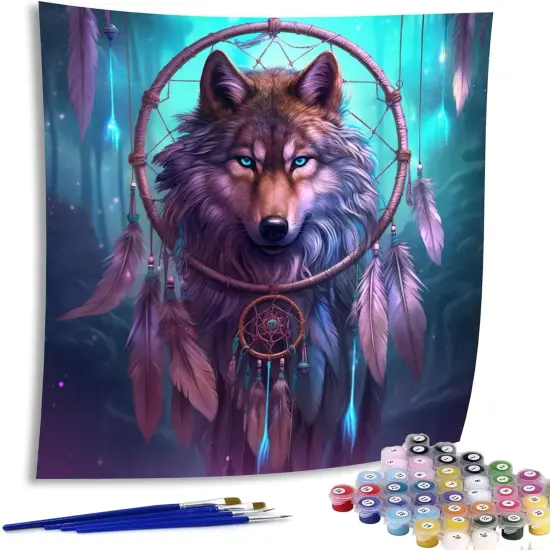 Paint by Numbers for Adults Wolf, DIY Oil Painting Dreamcatcher Acrylic Paint by Number Kits for Kids Adults Beginner for Home Wall Decor 20x20 inch {1}