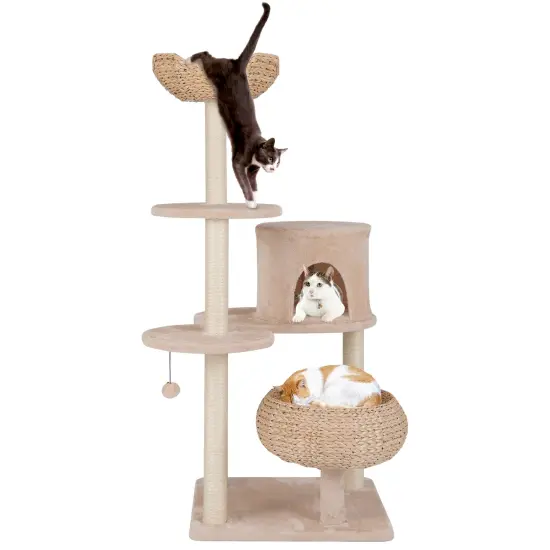 Beige Cattail Cat Tower with 7 Full-Wrapped Scratching Posts and Soft Padded Cushions {4}