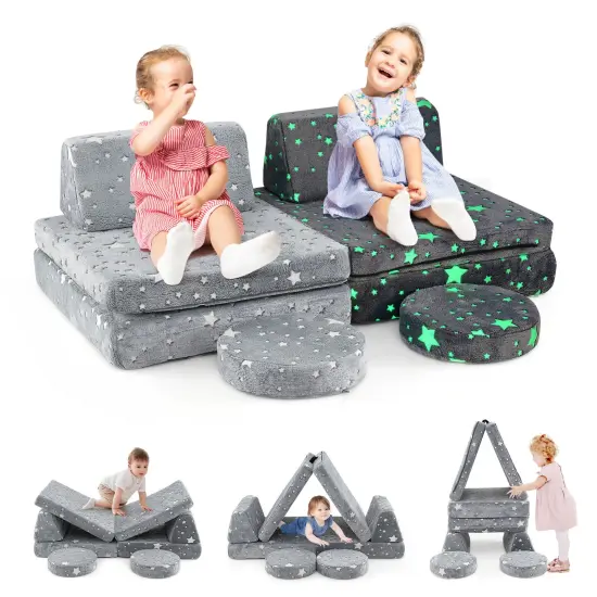 Flannel Kids Play Couch Set and 6-Piece Glow-in-the-Dark Modular Sofa Gray {3}