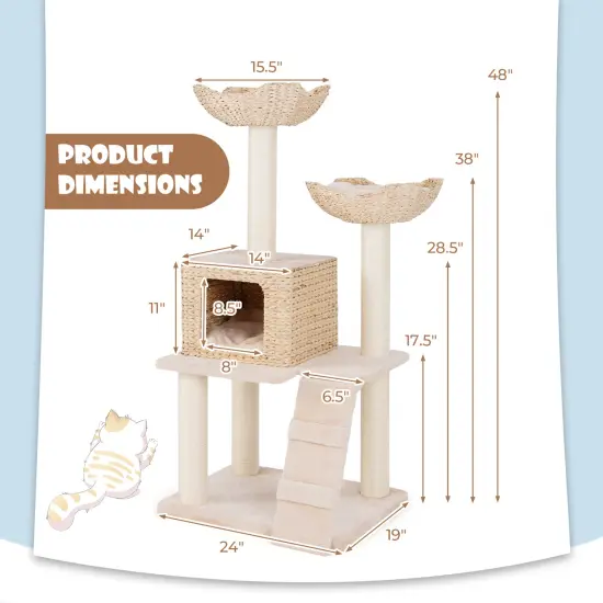 48 Inch Tall Cattail Cat Tower with 5 Full-Wrapped Scratching Posts and Soft Padded Cushions {5}