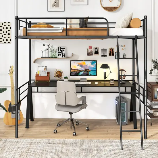 Black Metal Loft Twin Size Bed with Guardrails, Ladder, and Space-Saving Design {5}