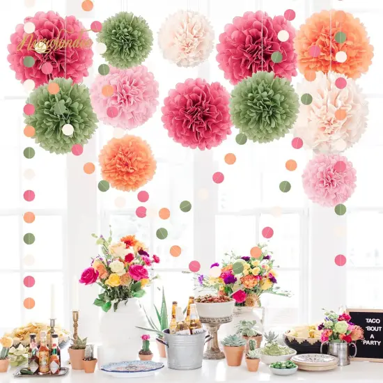 Wedding Party Decorations - 15Pcs Pink, Sage Green, Ivory Tissue Paper Pom Pom for Birthday Pastel Decorations, Engagement Baby/Bridal Shower Anniversary Valentine Dot Paper Backdrop Decor {4}