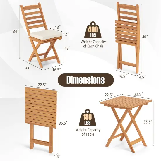3 Pieces Patio Bistro Folding Chair Table Set with Soft Seat Cushions Ideal for Outdoor Use {5}