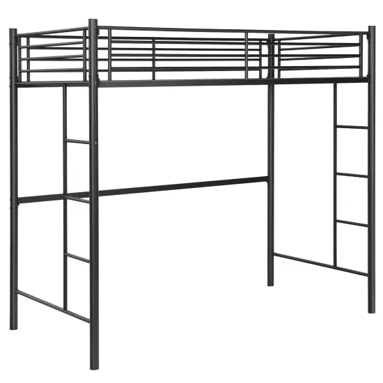 Metal Loft Bed Frame with Dual Ladders, Safety Guardrails and Under-bed Storage White {7}