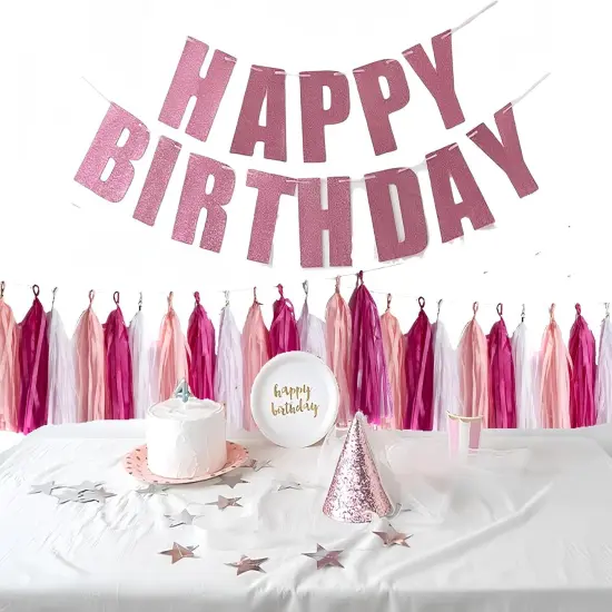 Hot Pink Tassel Garland,Tissue Tassel Banner for Bachelorette Baby Showe Girl Barbie Party Decorations,Pack of 15 {4}