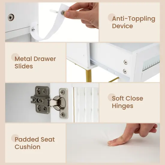 Modern Makeup Vanity Desk with Mirror and Lights and Stool Set-White {5}