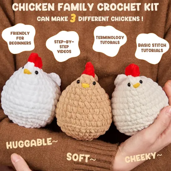 Crochet Kit for Beginners, Crochet Starter Kits for Adults Amigurumi Craft Knitting Crochet Animals Kits with Step-by-Step Video Tutorials, 3 Pcs Chicken (40%+ Yarn) {4}