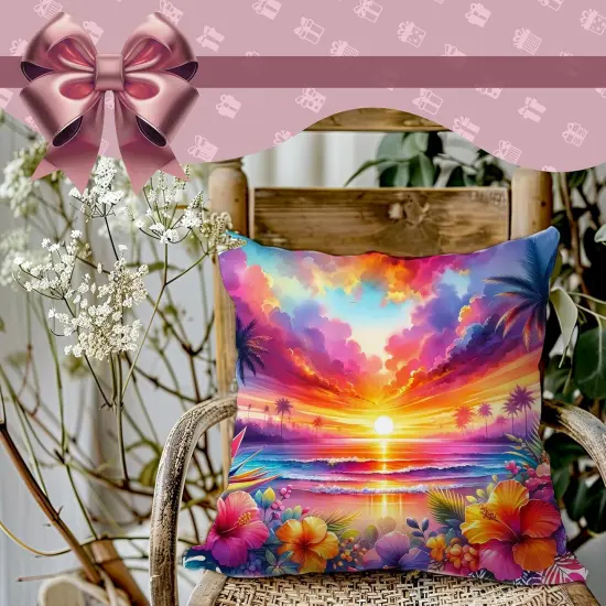 ropical Sunset Beach Pillow Covers 18x18, Beachy Room Decor Aesthetic, Coastal Outdoor Pillow Covers, Floral Pillow Covers {4}