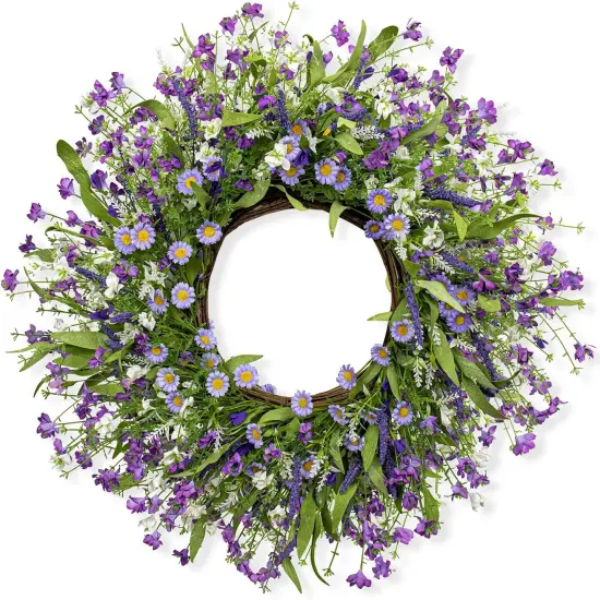 22 Inches Spring Door Wreath Farmhouse Spring Floral Wreaths for Front Door Blue Purple Flower Wreath with Daisy Lavender for Window Front Porch Indoor Outside Decoration {1}