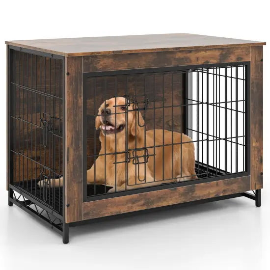 Rustic Brown MDF Metal Dog Crate Furniture with Dual Lockable Doors and Pull-Out Tray {7}