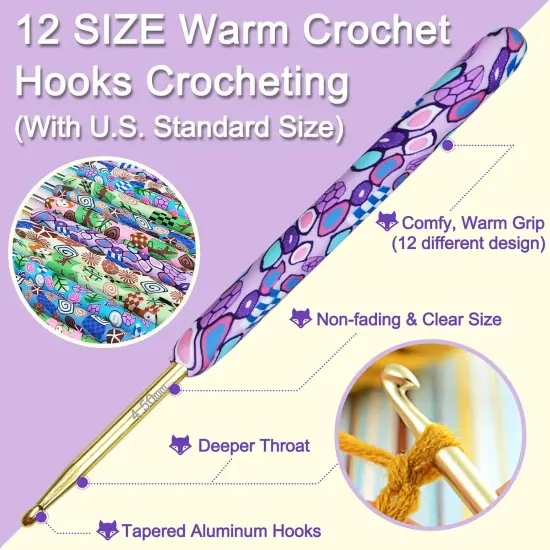 Warm Crochet Hooks Crocheting, Extra Long Crochet Hook Set for Arthritic Hands, 2.25mm to 8.0mm, 12 pcs Crochet Kit Ergonomic Grips for DIY Craft Yarn, Animal Pattern {2}