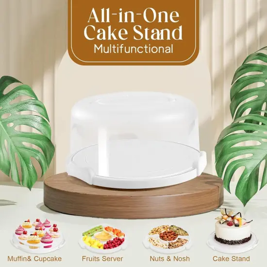 Cake Carrier with Lid and Handle, Multipurpose Cake Stand Fits 10 inch Cake, Cupcake Containers for 11 Cupcakes，Cake Holder Serves as Five Section Serving Tray, Portable Cake Carriers, White {2}