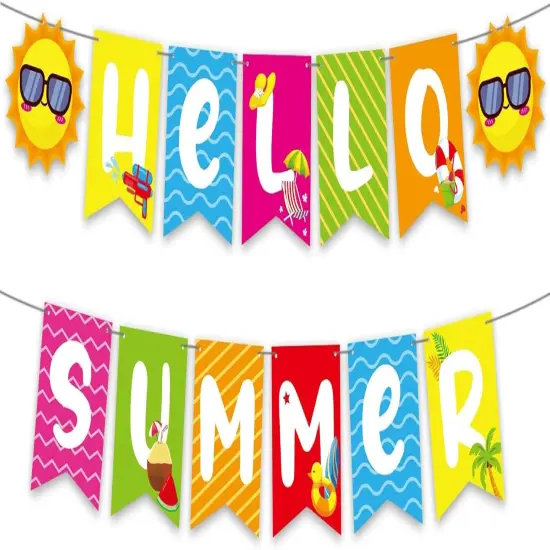 Hello Summer Banner - No DIY, Summer Banner for Summer Party Decorations, Hello Summer Sun Signs for Birthday Beach Pool Decorations, Tropical Party Decorations {1}
