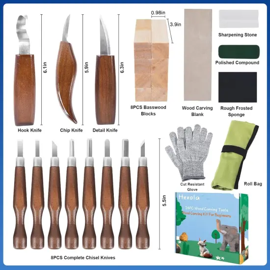 Wood Carving Tools, Wood Carving Kit 26-In-1 Whittling Kit- Includes Walnut Handle Wood Carving Knife,Whittling Knife, Hook Knife, Cut Resistant Gloves, Wood Carving Kit For Beginners {2}