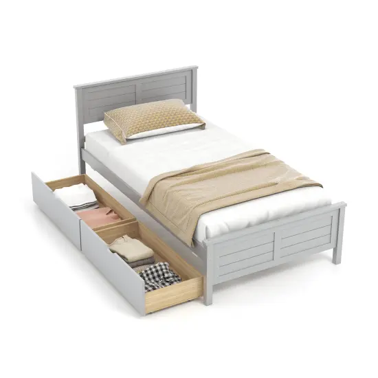 Twin Size Platform Bed with Drawers, Wood Headboard and Sturdy Frame White {8}