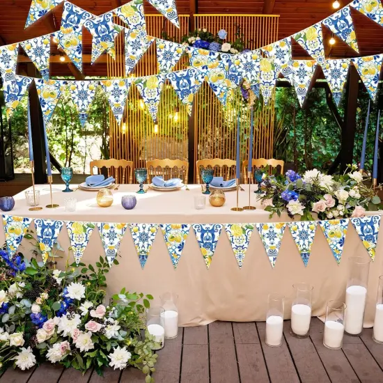5 Pcs Blue Tiles Lemon Decor Lemon Bunting Banners Blue Tiles Paper Pennant Garlands Lemonade Hanging Triangle Flags for Wedding Birthday Bridal Shower Bachelorette Party Decorations {5}
