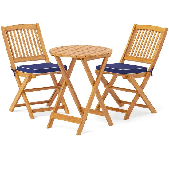3 Pieces Acacia Wood Patio Folding Bistro Set with Soft Cushions and Slatted Backrest Navy {7}