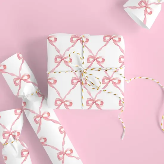 Pink Bow Wrapping Paper -Mini Roll- 17In x 32.8Ft White Pink Ribbon Bow Gift Wrap Paper Watercolor Craft Paper for Birthday Wedding Party DIY Supplies {1}
