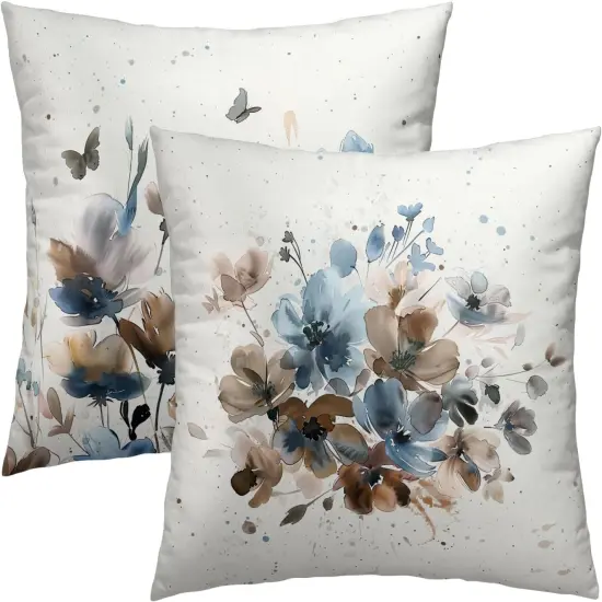 Floral Throw Pillow Covers Watercolor Blue Flowers Pillowcase Ink Art Style Home Decorative Soft Square Cushion Cover 18X18 Inch for Sofa Bedroom Living Room,Set of 2 {1}