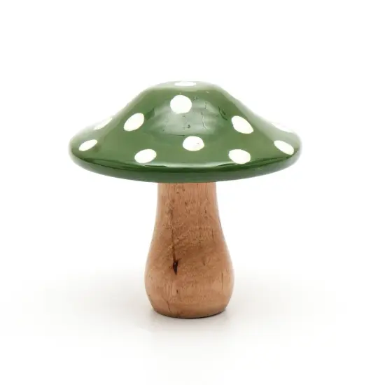 Wooden Table Top Small Mushroom&ndash; Green & White Festive Decorative Accent - 3.5 X 3.5 X 4.5" {4}