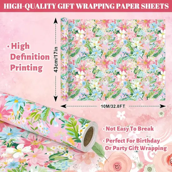Spring Floral Wrapping Paper - Mini Roll - 17 In x 32.8 Ft Watercolor Pink Flower Gift Wrap Paper for Wedding Birthday {2}