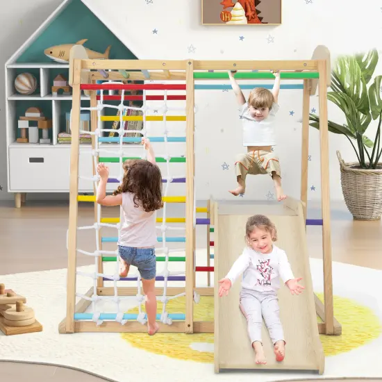 Pine and Beech Wood 6-in-1 Indoor Jungle Gym with Slide, Monkey Bars and Climbing Ladders Multicolor {3}