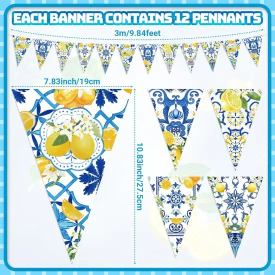 5 Pcs Blue Tiles Lemon Decor Lemon Bunting Banners Blue Tiles Paper Pennant Garlands Lemonade Hanging Triangle Flags for Wedding Birthday Bridal Shower Bachelorette Party Decorations {2}