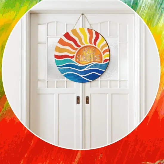 Summer Decor Wreaths for Front Door Hello Sunshine Summer Door Hanger Rustic Wooden Sign Hanger for Pool Farmhouse Porch Home Spring Wall Decorations {5}
