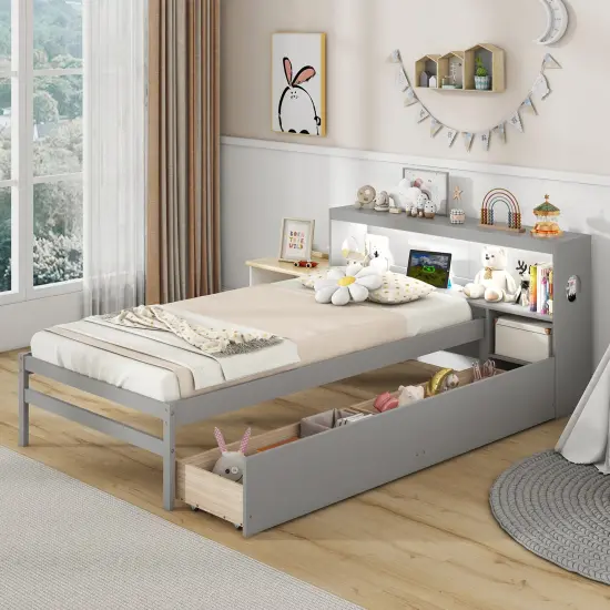 Solid Wood Bed with Storage Headboard, LED Light, USB Ports and Drawers Gray {2}