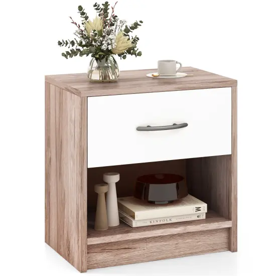 Nightstand with Drawer, Open Shelf, Modern Design and Sturdy Structure Oak {4}