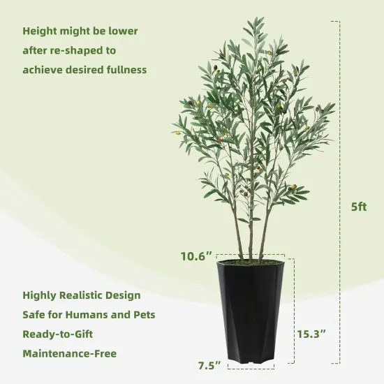 Artificial Olive Tree 5FT - Faux Plant with Black Diamond Planter - Tall Fake Olive Floor Plant Potted - Artificial Silk Tree for Home Office Living Room Decor Indoor {5}