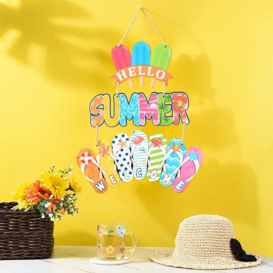 Summer Door Wreath Flip Flop Hanging Sign Ice Lolly Welcome Sign Rustic Wood Wreath for Front Door Outside Summer Home Decorations {2}